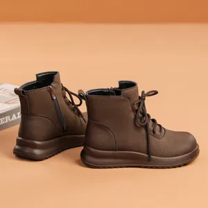 Warm brown leather ankle boots for women with non-slip soft sole for winter