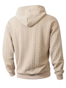 Back view detail of men's beige cable knit textured hoodie with long sleeves