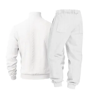Rear view of white cable knit jacquard men's casual sports set with high collar detail
