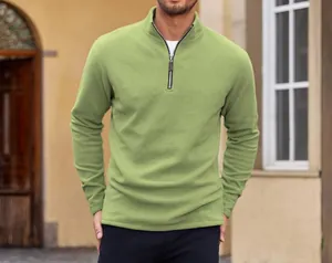 Casual men's light green polar fleece sweatshirt with half-zip stand collar
