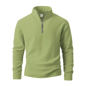 Men's solid olive green fleece sweatshirt featuring a half-zipper and stand collar