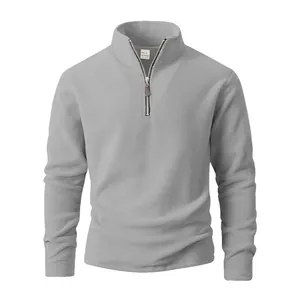 Mens grey polar fleece sweatshirt with half-zip stand collar and long sleeves
