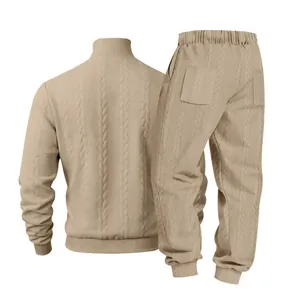Detailed back view of men's beige cable knit tracksuit set with high collar and joggers