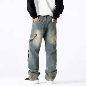 Retro blauwe wijde herenjeans met een rechte pijp en casual streetwear pasvorm.