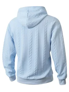 Rear view of a premium light blue men's hoodie featuring intricate cable knit texture