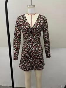 Detail showing vintage floral pattern and V-neck tie on slim fit long sleeve dress