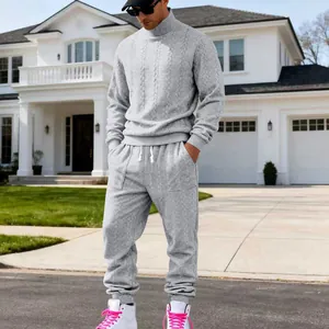 Detailed view of grey cable-knit turtleneck tracksuit set for men's winter casual wear