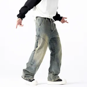 Retro blauwe heren jeans met wijde pijpen en unieke diagonale gestikte naden details