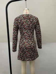 Back view of a romantic vintage floral print long sleeve slim fit mini dress for autumn
