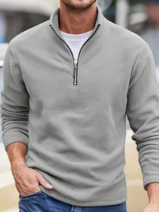 Classic men's grey polar fleece sweatshirt featuring a stand collar and half-zipper design