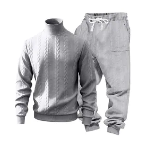 Men's heavy cable knit jacquard tracksuit set with turtleneck sweater and joggers
