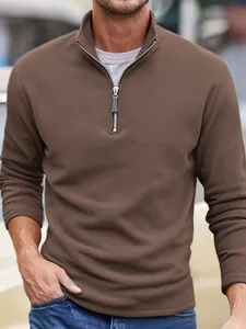 Men's brown fleece half-zip sweatshirt with stand collar and long sleeves