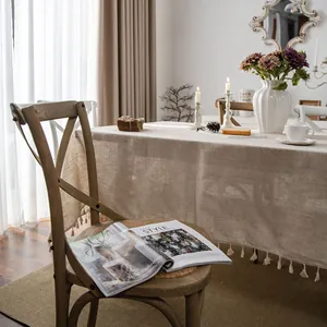 Rustic European cotton linen tablecloth with elegant tassels for home dining room