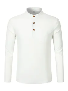 Detailed view of white waffle knit Henley shirt featuring buttons and a chest pocket