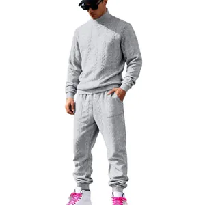 Grey men's knitted tracksuit featuring high collar jacquard sweater and joggers set