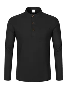 Frontal view of black waffle knit long sleeve Henley shirt with chest pocket
