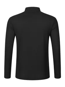 Back view of a black long-sleeve Henley shirt with waffle knit texture on white background.