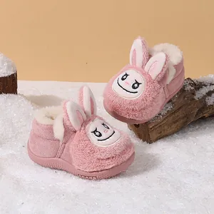 Pink cartoon bunny toddler snow boots with warm fur lining and non-slip soles