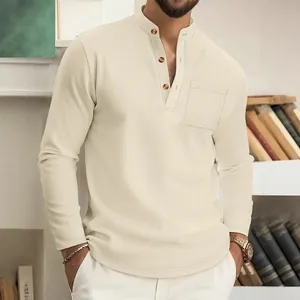 Men's waffle knit henley shirt long sleeve with chest pocket in cream