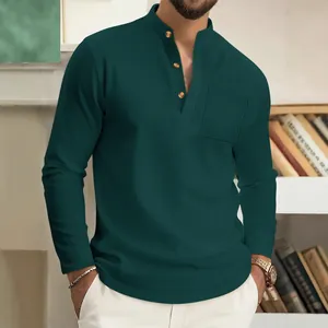Men's stylish dark green long sleeve Henley t-shirt in waffle knit textured fabric