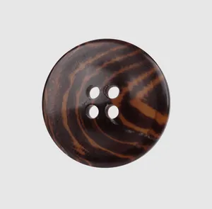 Close-up of a high-end resin button with a brown wood-grain pattern and four holes.