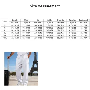 Detailed size chart for men's loose straight-leg white athletic casual pants