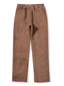 Full view of brown fleece loungewear pants with elastic waistband for men