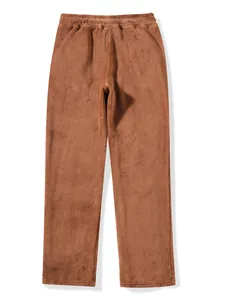 Front view of brown plush men's lounge pants showing soft fleece texture and elastic waist
