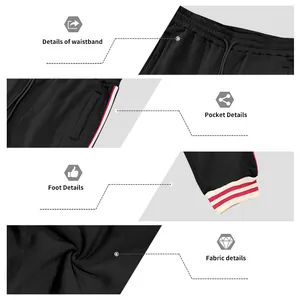 Detailed macro views of black drawstring sweatpants with red and white striped cuffs.