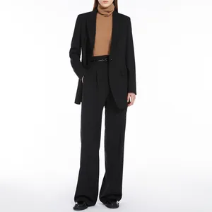 Model wearing professional black blazer suit with high-end Japanese resin buttons detail