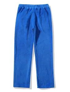 Full front view of vibrant blue plush fleece pajama pants for men in ultra soft fabric