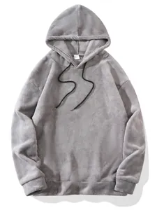 Detailed view of a grey plush fleece hooded sweatshirt showing the soft texture.