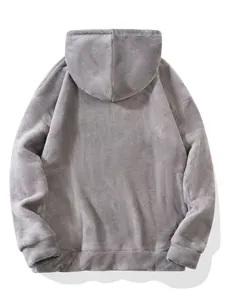 Detailed back view showing the thick and soft texture of this gray fleece hoodie.