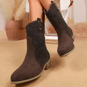Botas de vaquero vintage de media pantorrilla para mujer con tacón grueso y corte en V