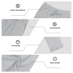 Detailed views of grey men's casual pants showing waistband, pocket, and fabric texture