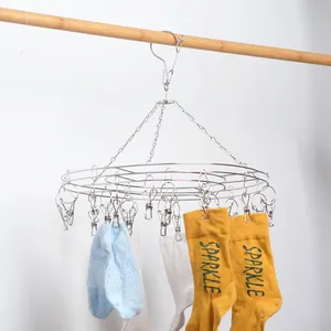 Durable stainless steel round drying rack with clips for socks and underwear on wooden rod