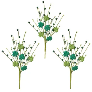 Saint Patrick's Day artificial green glitter shamrock decorative floral picks, set of 3