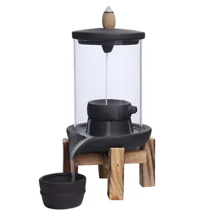 Creatieve paars zand backflow wierookbrander met glazen deksel en houten standaard