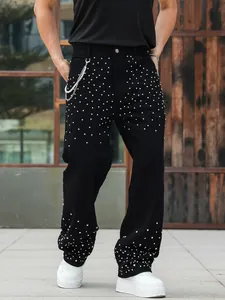 Men's loose straight black denim pants featuring sparkling rhinestone embellishments