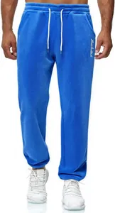 Men's blue fleece sweatpants featuring white drawstring and embroidered logo detail
