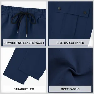 Dettaglio dei pantaloni cargo blu navy da uomo: vita, tasca e tessuto morbido