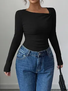 Detail of black asymmetrical neck ribbed knit top for women fall fashion