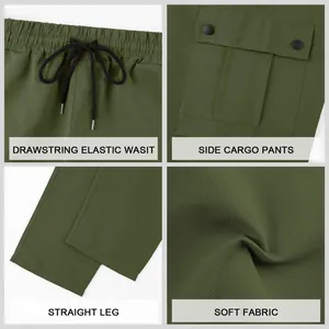 Dettagli dei pantaloni cargo tattici verdi da uomo con coulisse e tessuto morbido