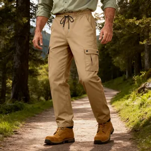 Vista dettagliata dei pantaloni cargo kaki con coulisse elastica e tasche laterali.