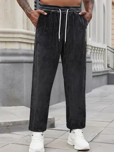Men's casual sports long pants featuring drawstring waist and embroidery in charcoal