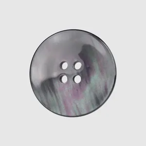 High-end iridescent resin four-hole button with pearlescent dark finish for clothing.