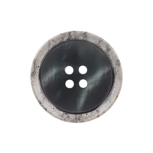 Premium four-hole resin button with dark pearlescent marbled texture and grey outer rim