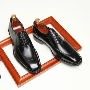 Chaussures Derby Formelles en Cuir de Vachette de Première Couche pour Hommes Faites à la Main Style Britannique Lacets Mariage Bureau