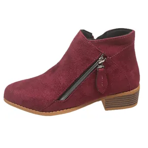 Elegant women's burgundy suede ankle boots featuring side zipper and chunky low heel