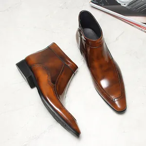 Ανδρικές Μπότες Brogue Βρετανικού Στυλ από Γυαλιστερό Δέρμα Μυτερή Μύτη Μεσαίου Ύψους Πλαϊνό Φερμουάρ Μπότες Chelsea Αντιολισθητικά